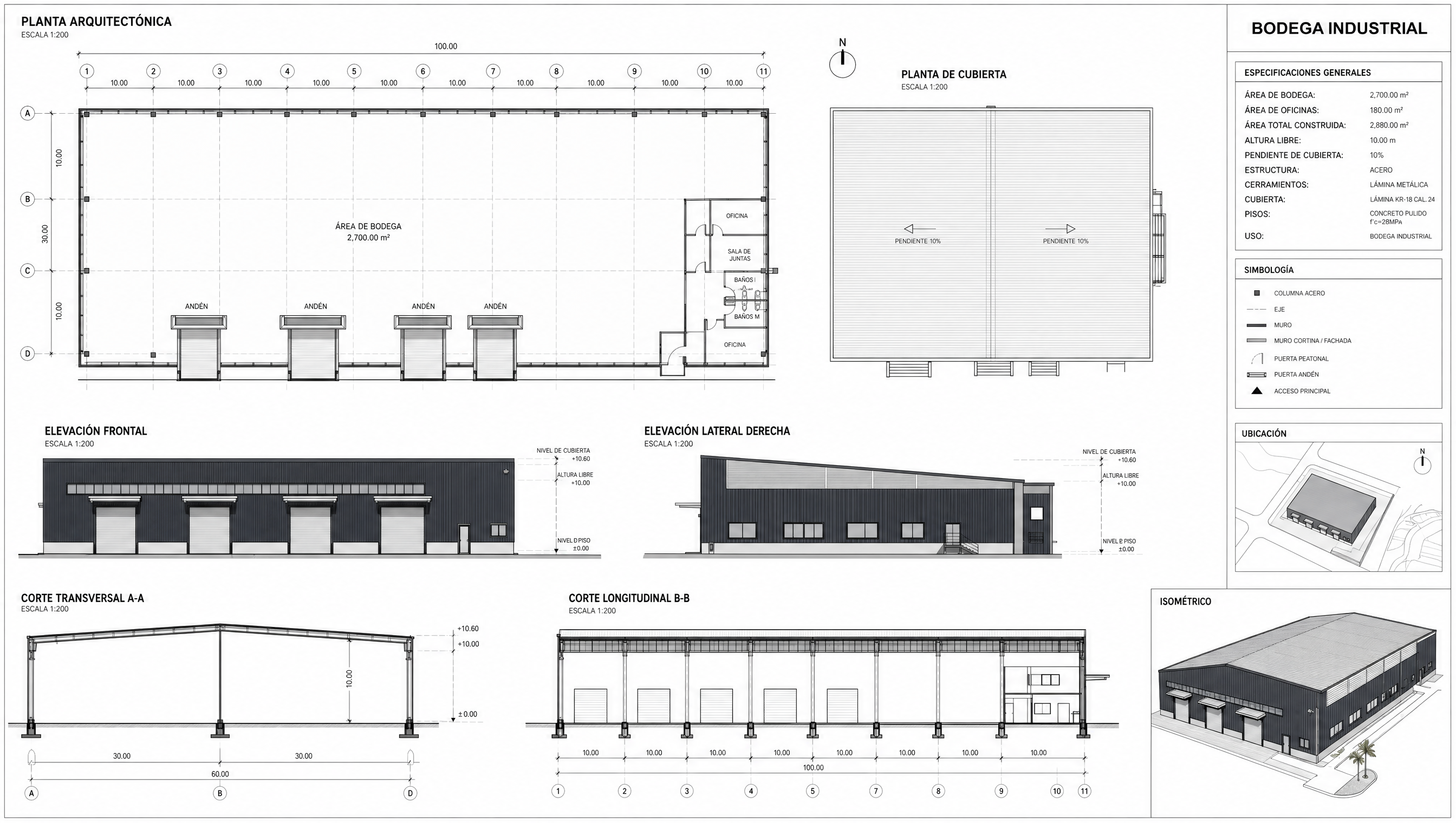 Plano arquitectonico Bodega Industrial 2.700 m2